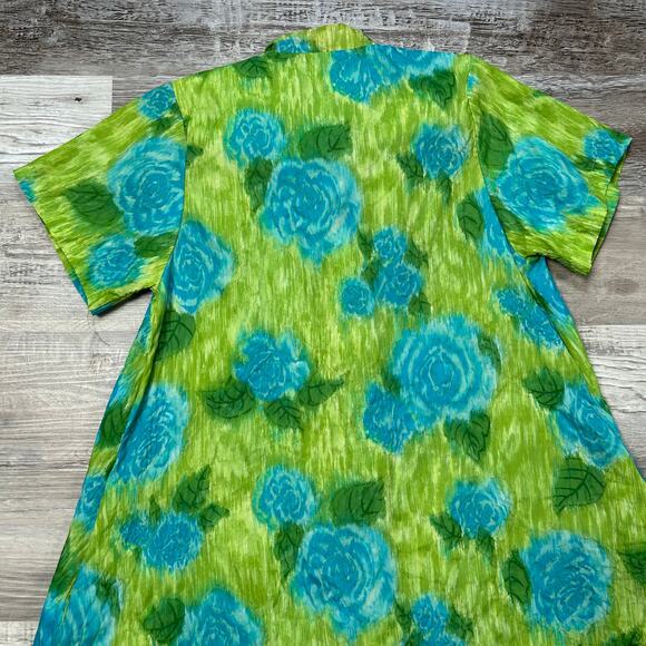 Vintage 1970s Saramae Floral Button Down House Dress Green Blue - Picture 7 of 9